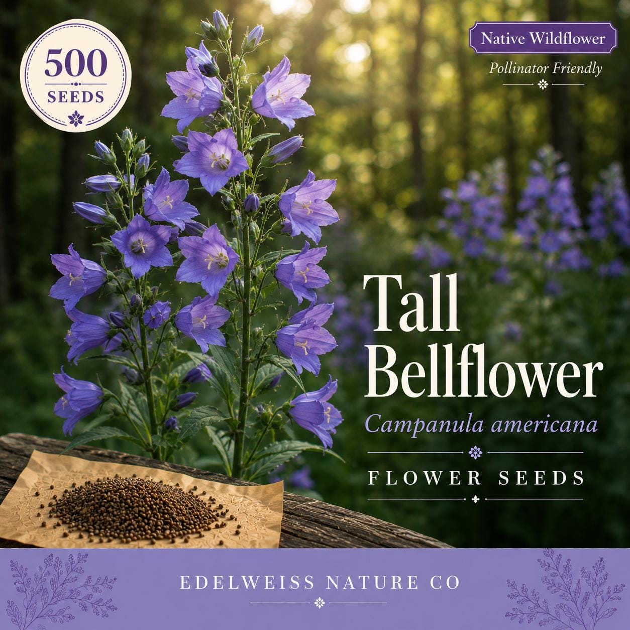 500 Tall Bellflower Seeds – Native Blue Wildflower, Woodland Pollinator, Campanula americana, Native North American Flower Seeds
