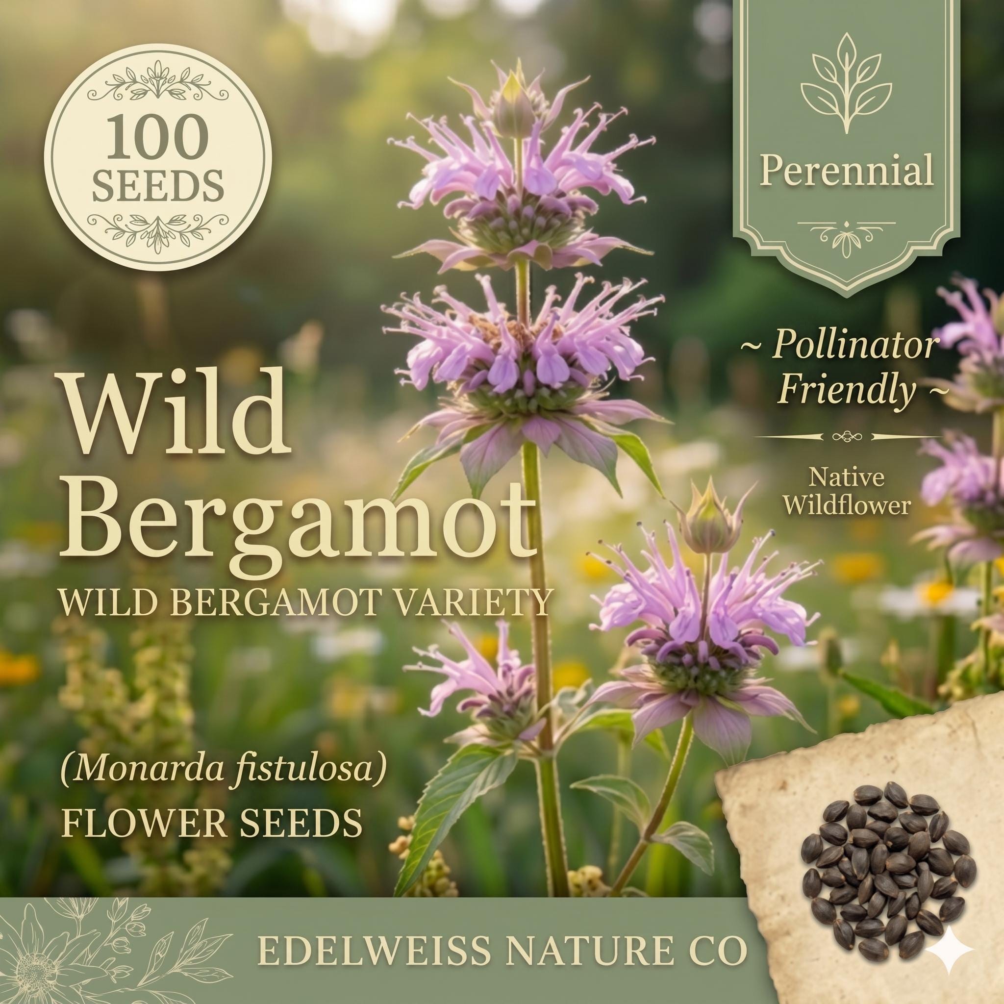 Wild Bergamot Seeds – 100 Native Bee Balm – Lavender Purple Pollinator Wildflower – Drought Tolerant Perennial Monarda Fistulosa