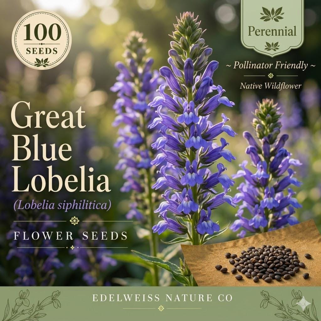 Blue Lobelia Seeds – Native Perennial Wildflower for Pollinator Gardens, Moist Soils, and Wetlands (100 Seeds)