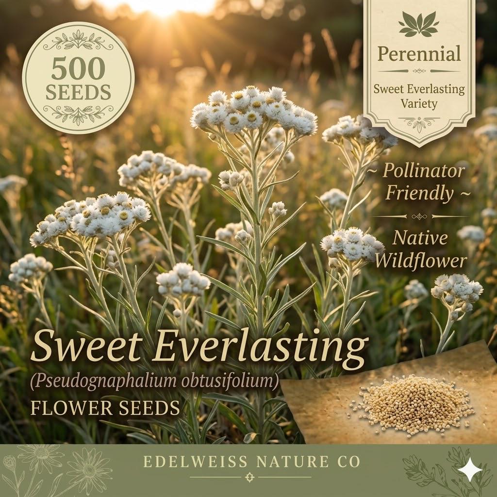 Sweet Everlasting Seeds – 500 Pseudognaphalium Wildflower Seeds for Dried Arrangements, Native Wildflower, Perennial, White Flowers