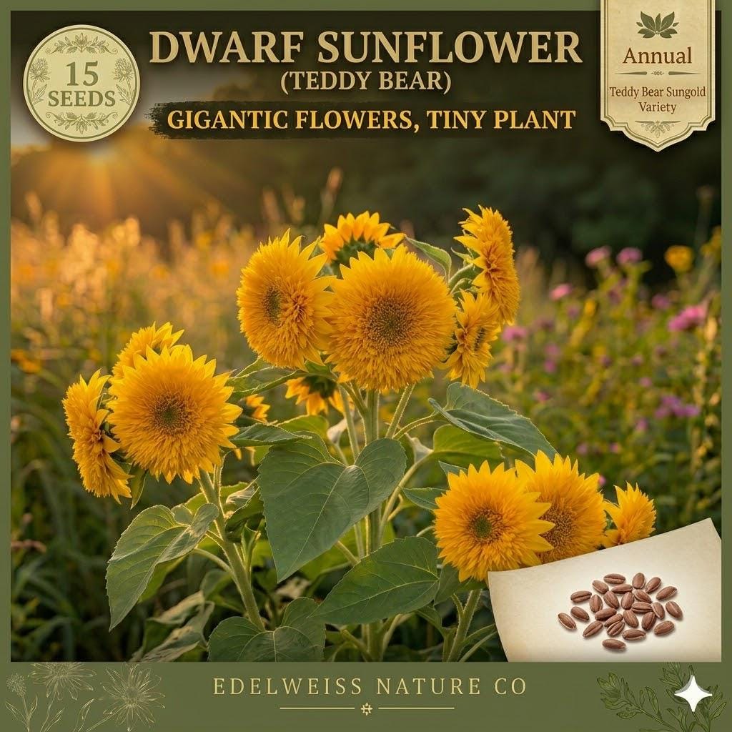 Teddy Bear Sunflower Seeds – Dwarf Dbl Golden Yellow Flowers – 15 Seeds for Container & Small Gardens – Annual, Full Sun, Easy Grow