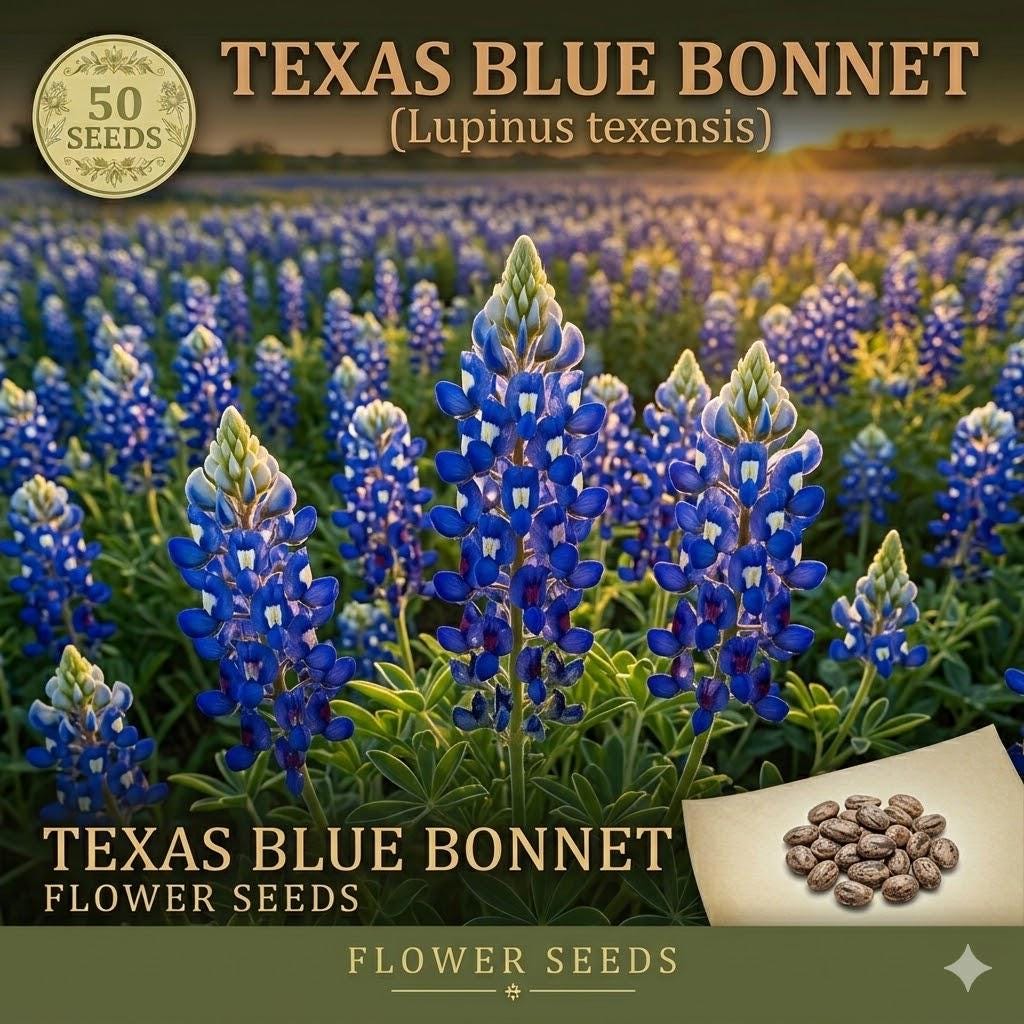 Texas Bluebonnet Seeds – 50 Lupinus texensis Wildflower Seeds for Native Gardens, Pollinator Gardens, Spring Blooms