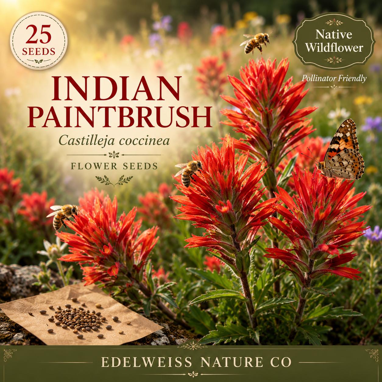 Indian Paintbrush Seeds | Castilleja coccinea Wildflower | Native Pollinator-Friendly Flower | Cottage Garden Native Wildflower Seeds