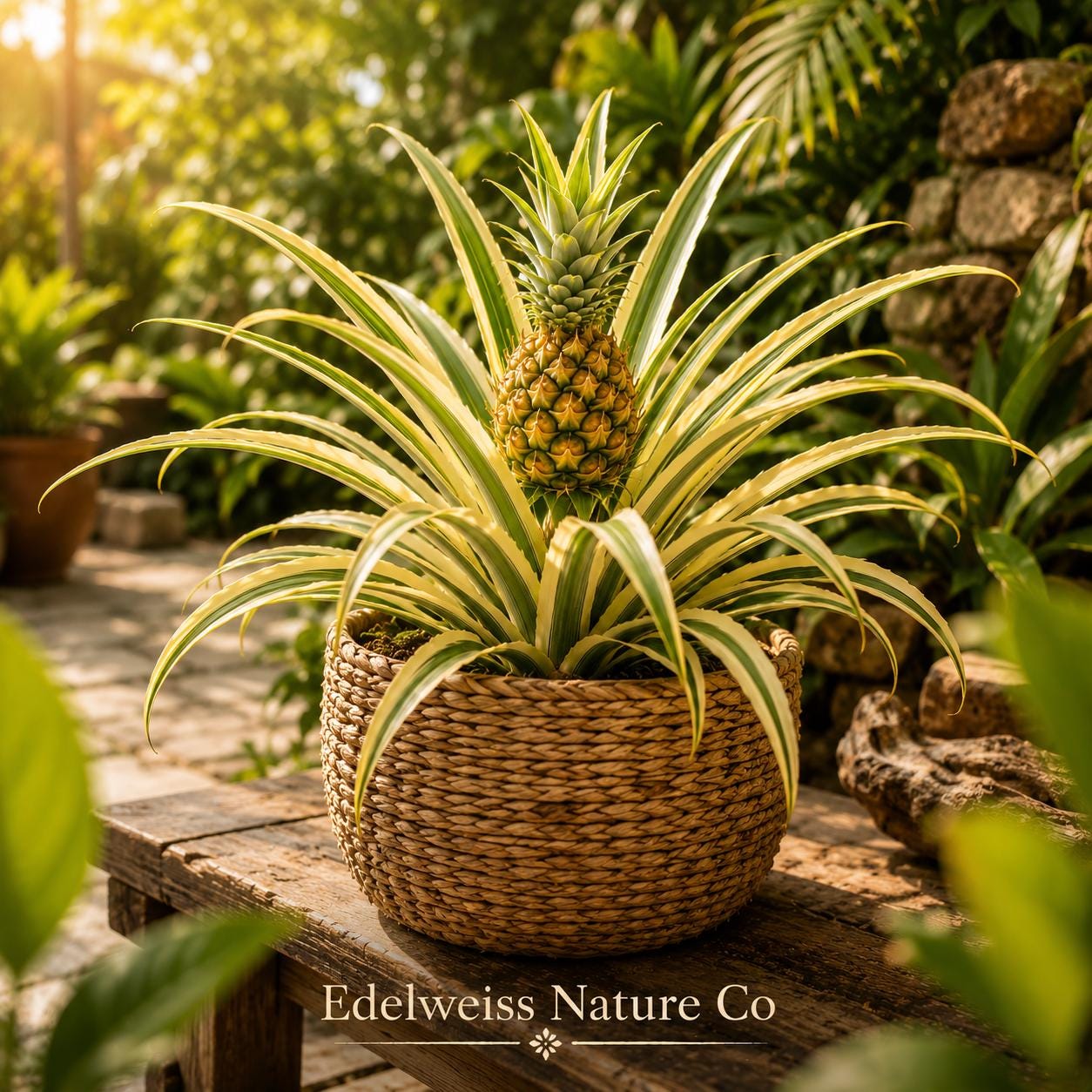 Variegated Pineapple Starter Plants – Ananas comosus, Tropical Edible Fruit, Ornamental Bromeliad, 5 Live Plants