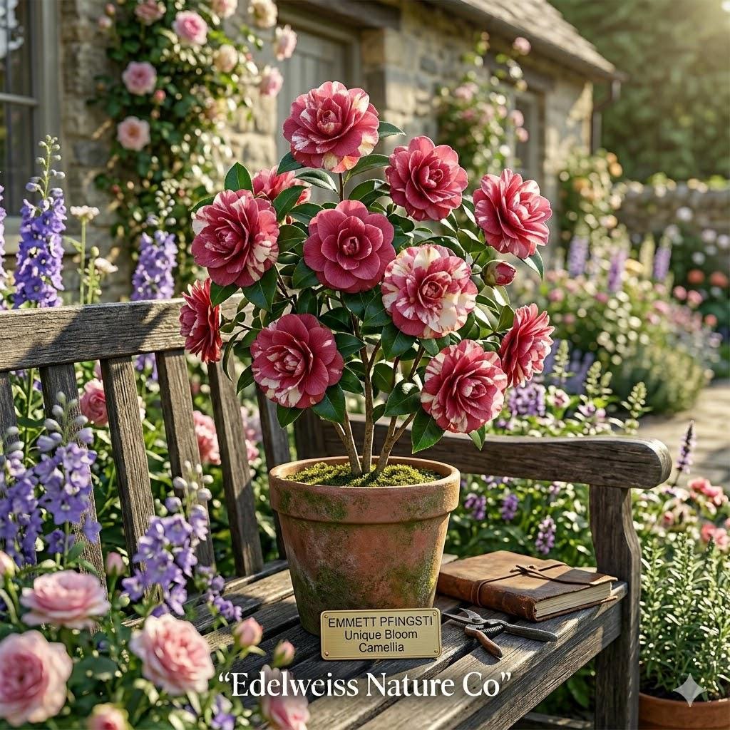 Emmett Pfingsti Camellia japonica Starter Plant – Evergreen Flowering Shrub with Unique Blooms, Ornamental Foliage
