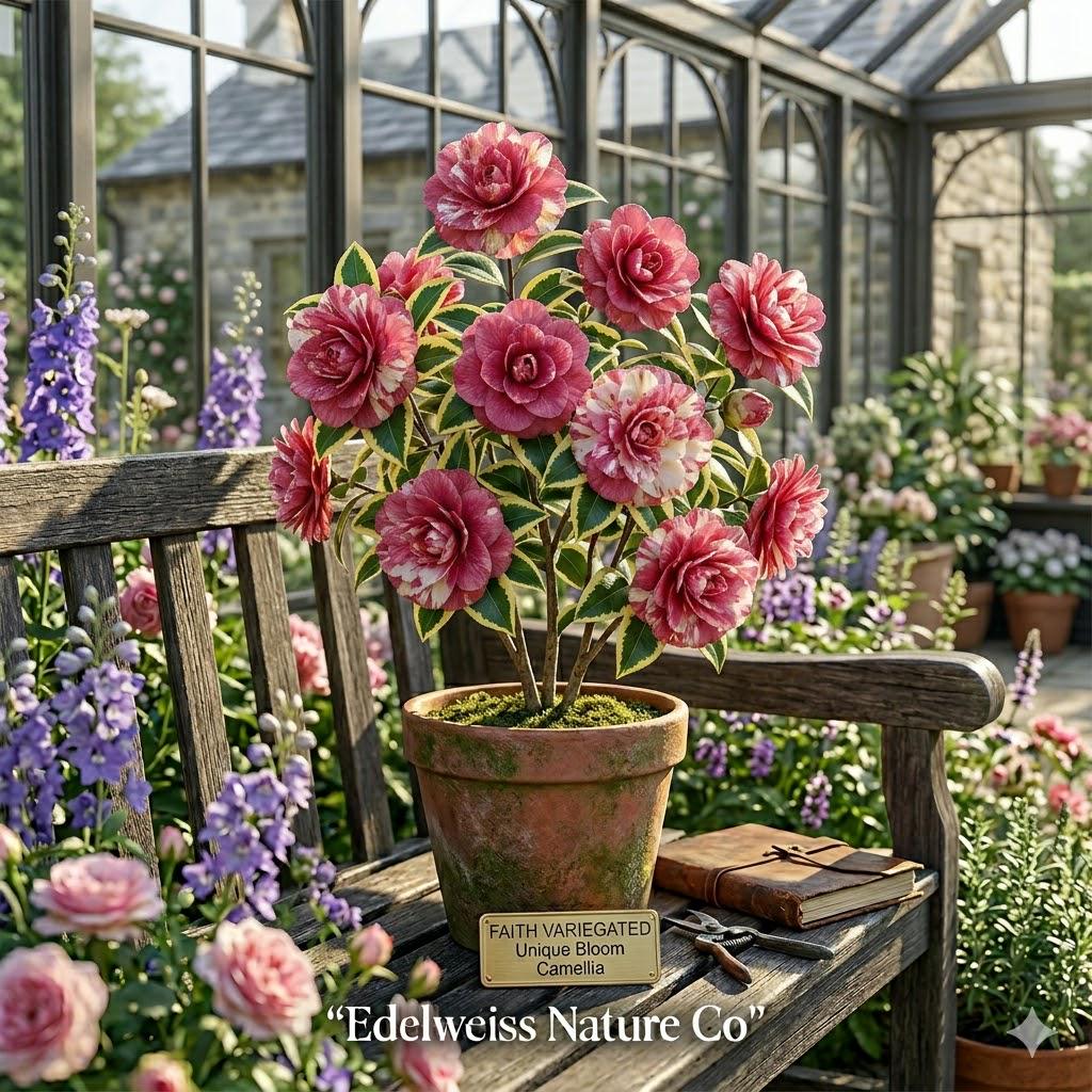 Faith Variegated Camellia Japonica Live Plant – Evergreen Flowering Shrub, Variegated Blooms, Shade Garden, Ornamental, Collector Plant