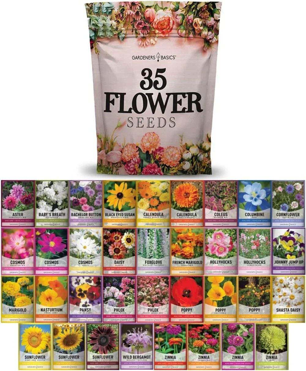 Wildflower Seed Kit 35 Varieties - Perennial & Annual Flower Mix for Pollinators & Garden Beds