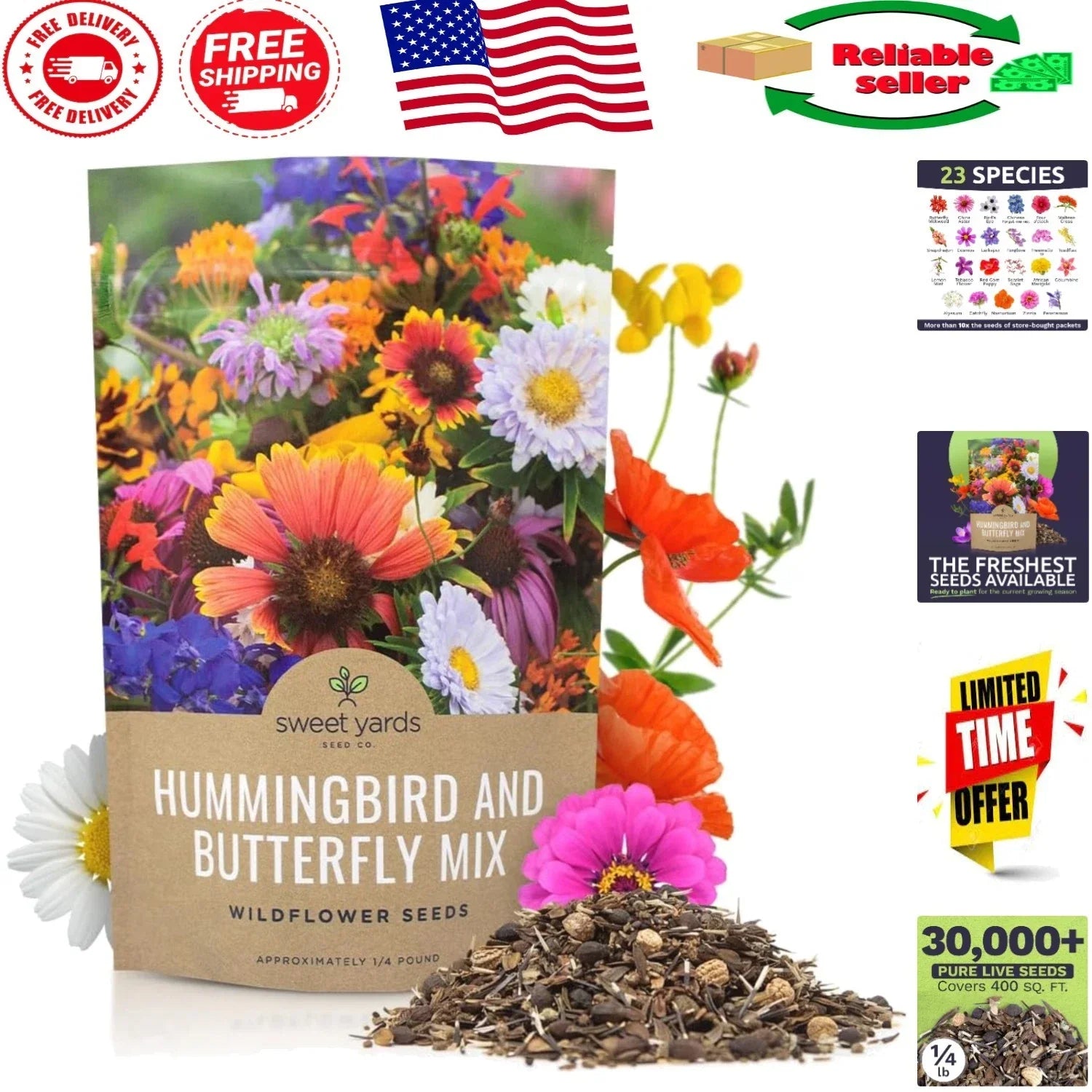 Wildflower Seeds - 30,000 Open-Pollinated Butterfly & Hummingbird Garden Mix - Native Pollinator Plants for Attracting Bees, Butterflies, Hummingbirds