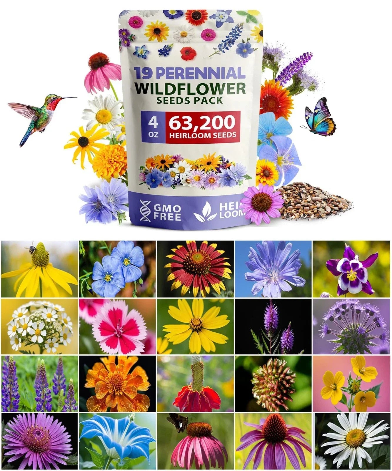 Wildflower Seed Mix Bulk Pack - 63,200+ Seeds, 19 Varieties for Pollinator Gardens, Attract Bees & Birds, Native Flower Seeds