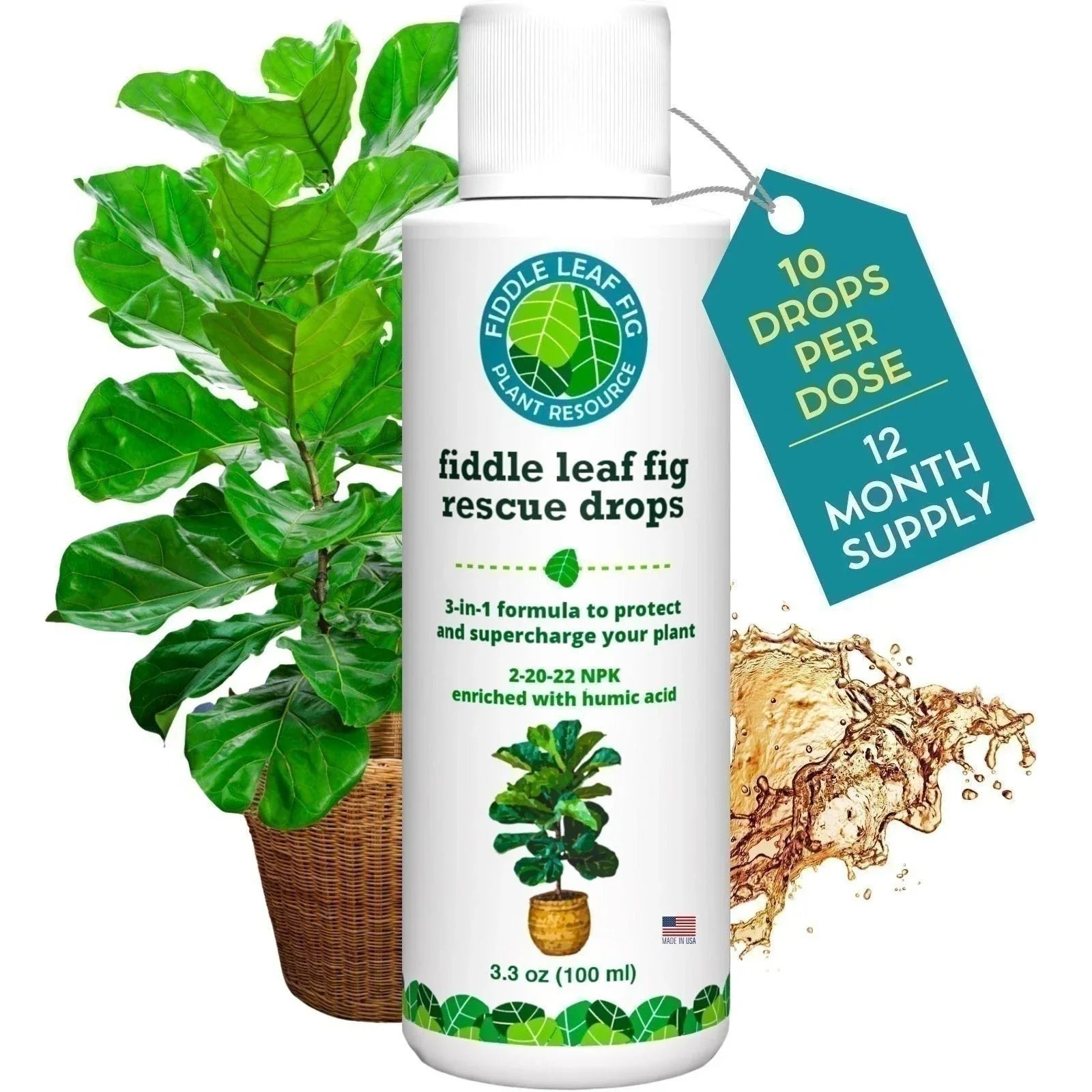 Fiddle Leaf Fig Rescue Drops - 100ml 3-in-1 Fertilizer, Root & Immunity Booster for Ficus lyrata