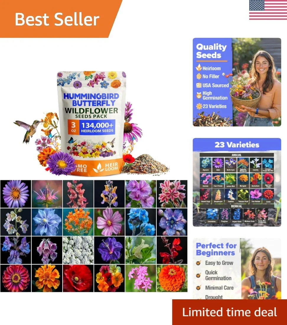 Wildflower Seed Mix 3oz with 23 Varieties for Pollinator Gardens, Non-GMO, Attracts Bees & Butterflies