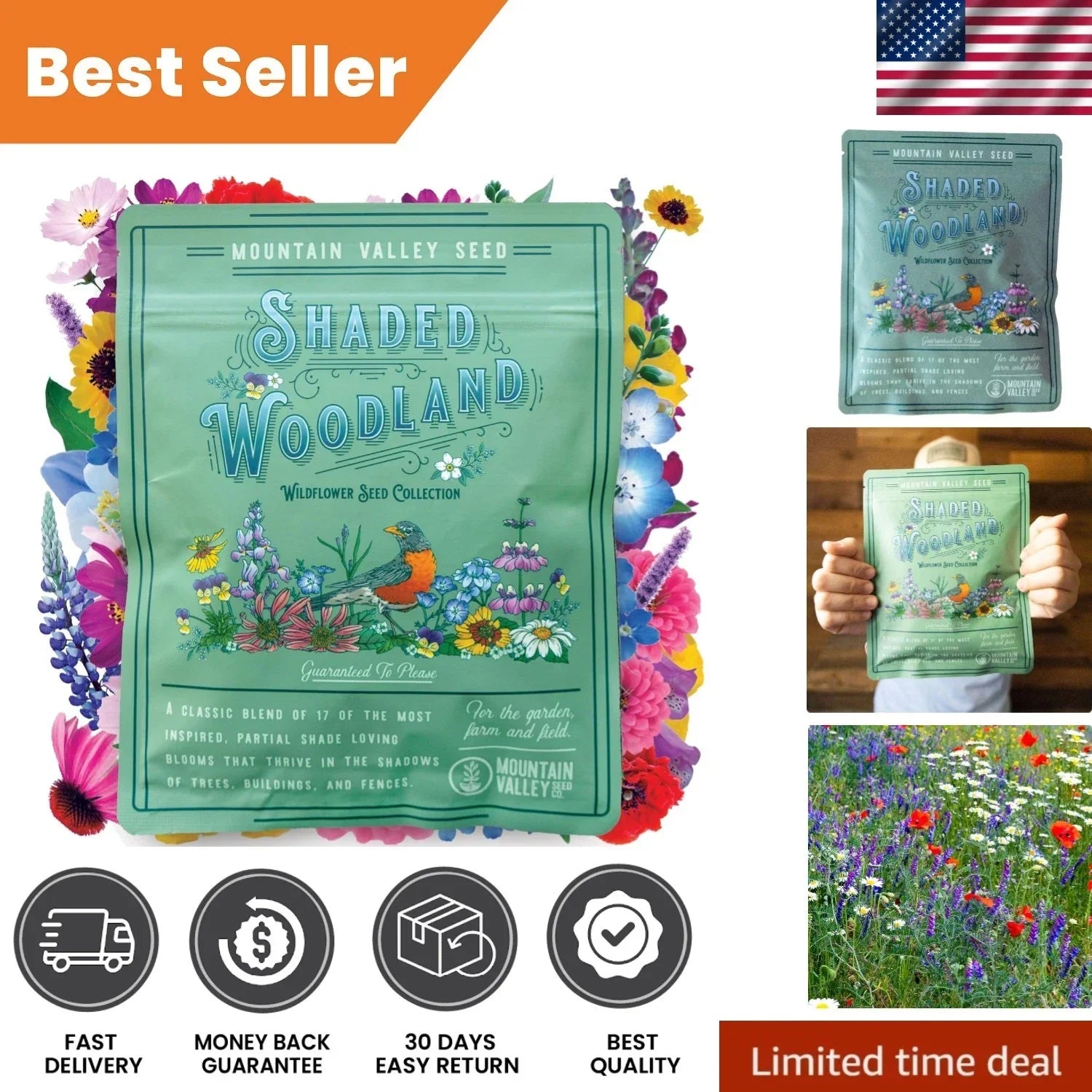Wildflower Seed Mix 3 Oz – 19 Non-GMO Varieties for Shade & Pollinators – Natural Garden Seeds