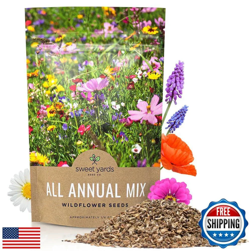 Bulk Wildflower Seeds 1/4 Pound - Quick Blooming Annual Mix with 30,000+ Seeds