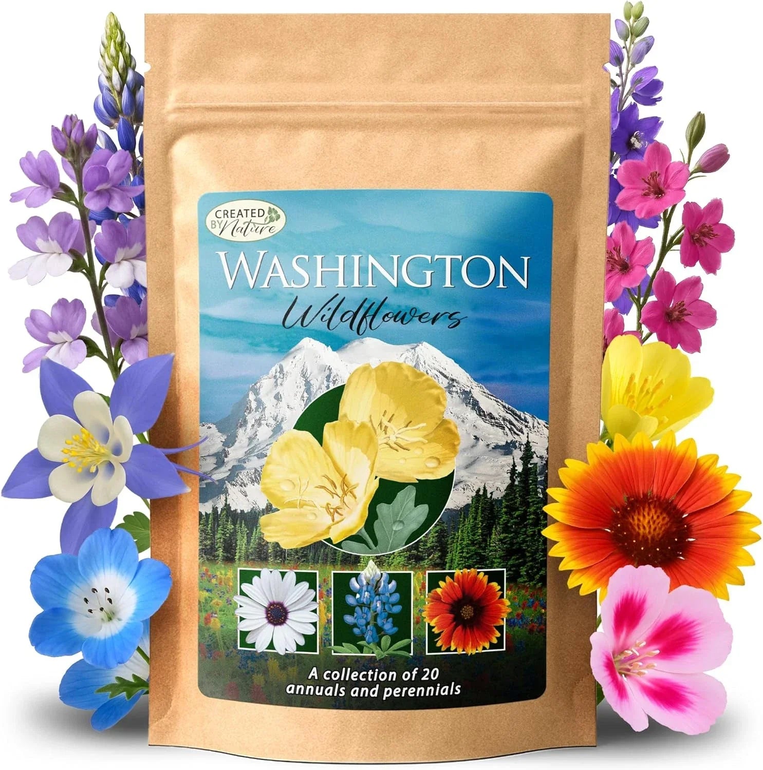 Wildflower Seed Mix - 20 Varieties, 60,000+ Seeds - Washington Native Flowers, Pollinator Friendly, Garden & Meadow Planting