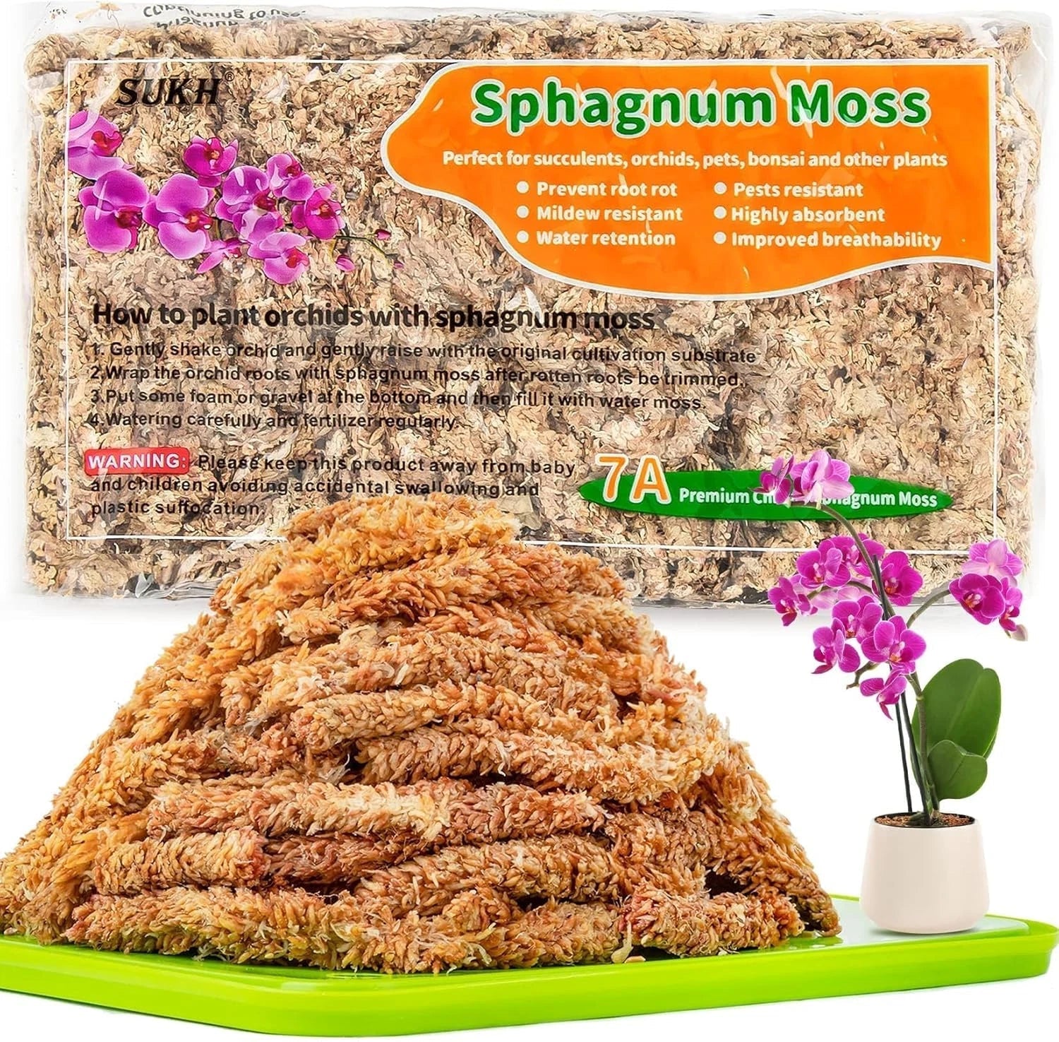 Sphagnum Moss 3 Oz for Orchids, Dried Long Fiber Peat Moss, Plant Potting Mix, Moisture Retention, Aeration