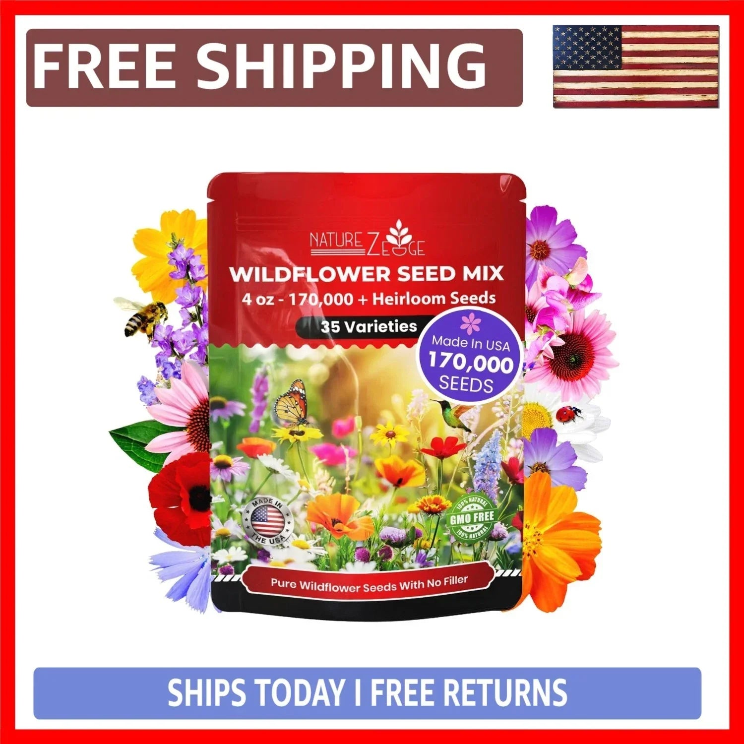 Wildflower Seeds Mix 1/4 lb Non-GMO Flower Seed Blend for Pollinators & Eco-Friendly Gardens
