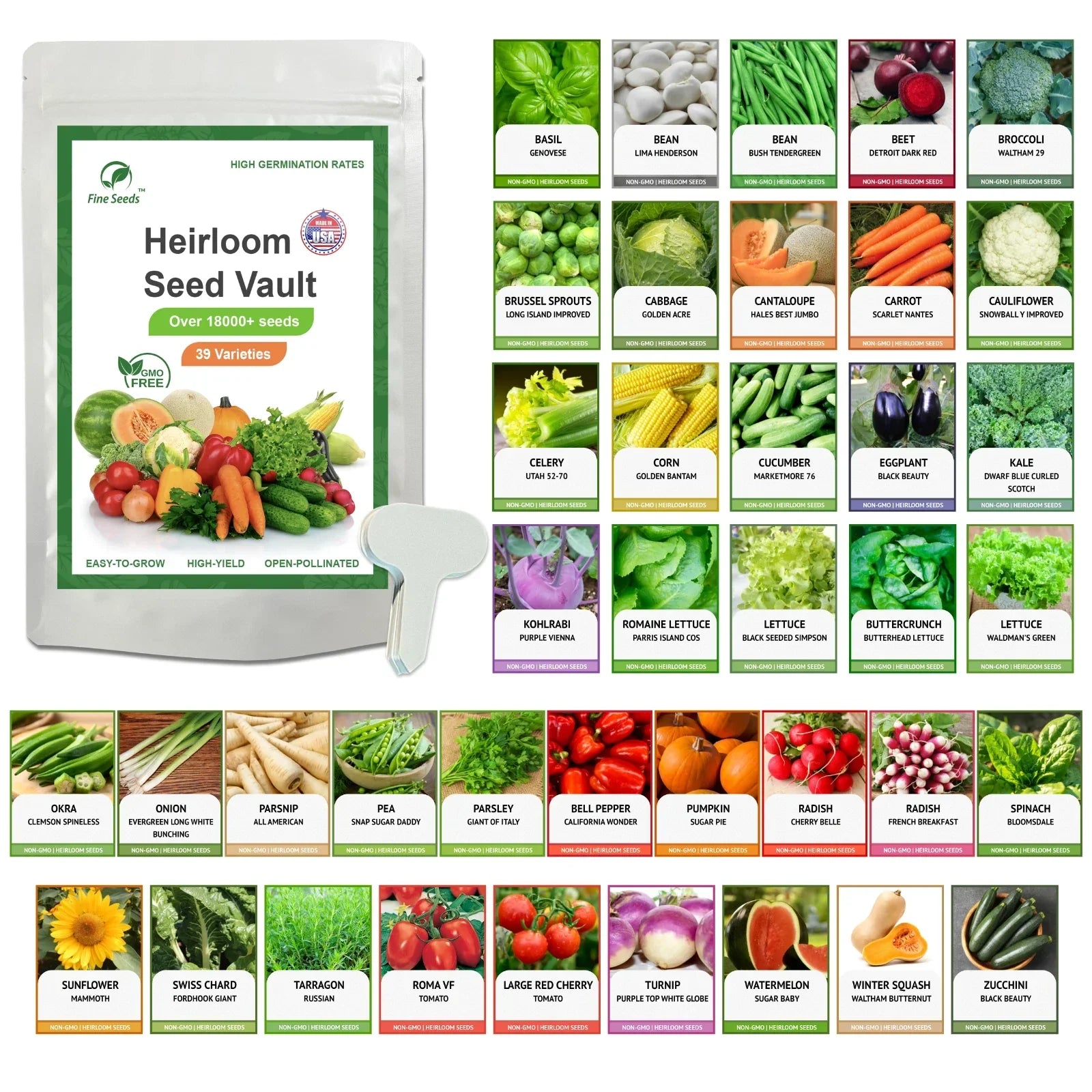 Heirloom Vegetable Seeds Survival Garden Kit - 39 Varieties, 18,000+ Non-GMO Seeds