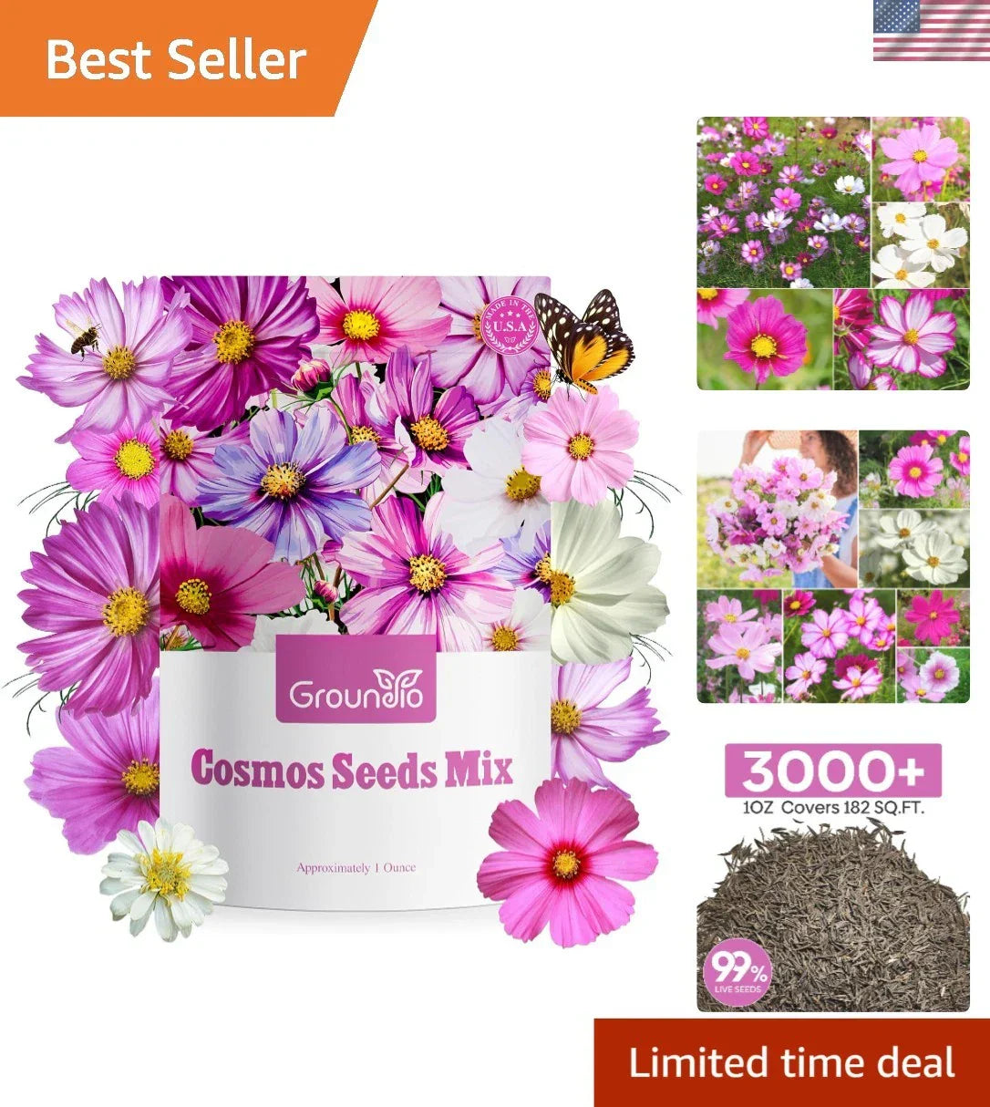 Cosmos Seeds Wildflower Mix 1 Oz - Dazzling Colors, Easy to Grow, 4 Varieties for Gardens, Borders, and Pollinator Attracting