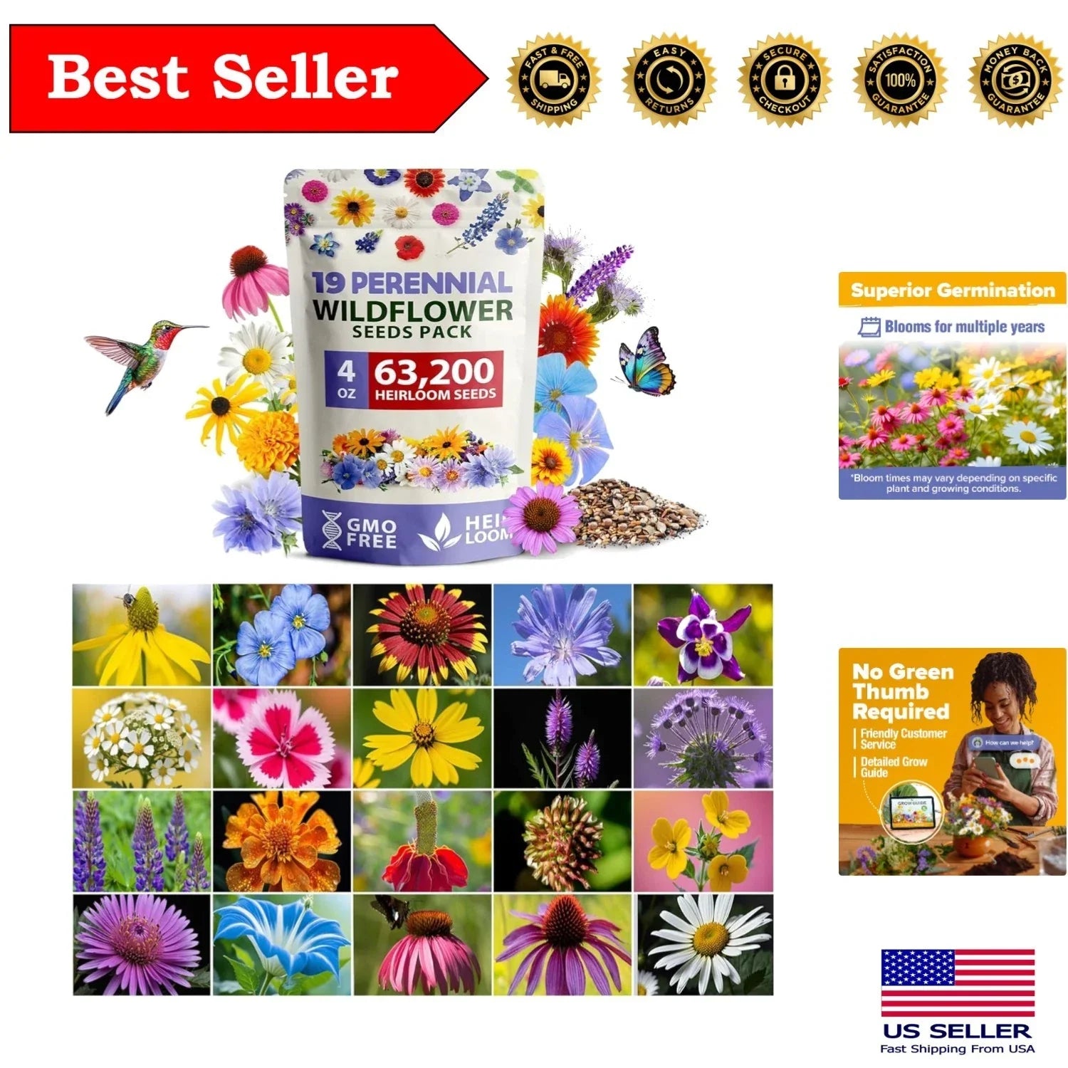 Wildflower Seeds 4oz Non-GMO Perennial Mix for Pollinators, Bees & Butterflies, Eco-Friendly, 19 Varieties