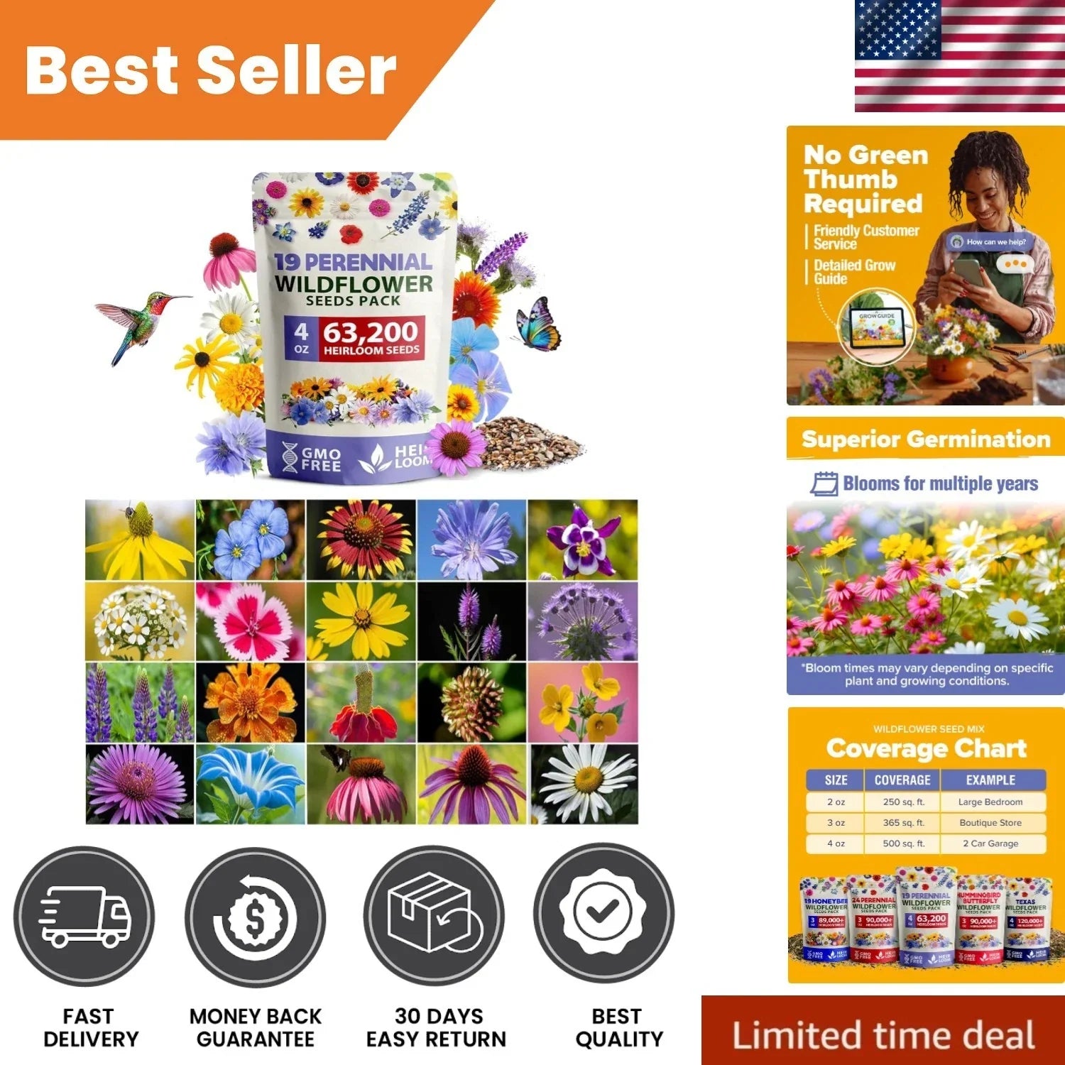Wildflower Seed Mix - 63,200+ Seeds, 19 Varieties for Pollinator Gardens, Native Wildflowers, Eco-Friendly Bulk Seed Pack