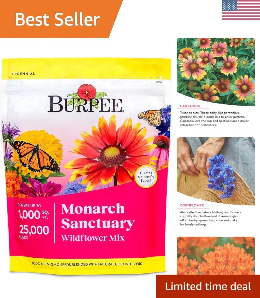 Wildflower Seed Mix - 25,000 Non-GMO Seeds for Butterfly Gardens - Pollinator-Friendly Monarch Sanctuary Mix