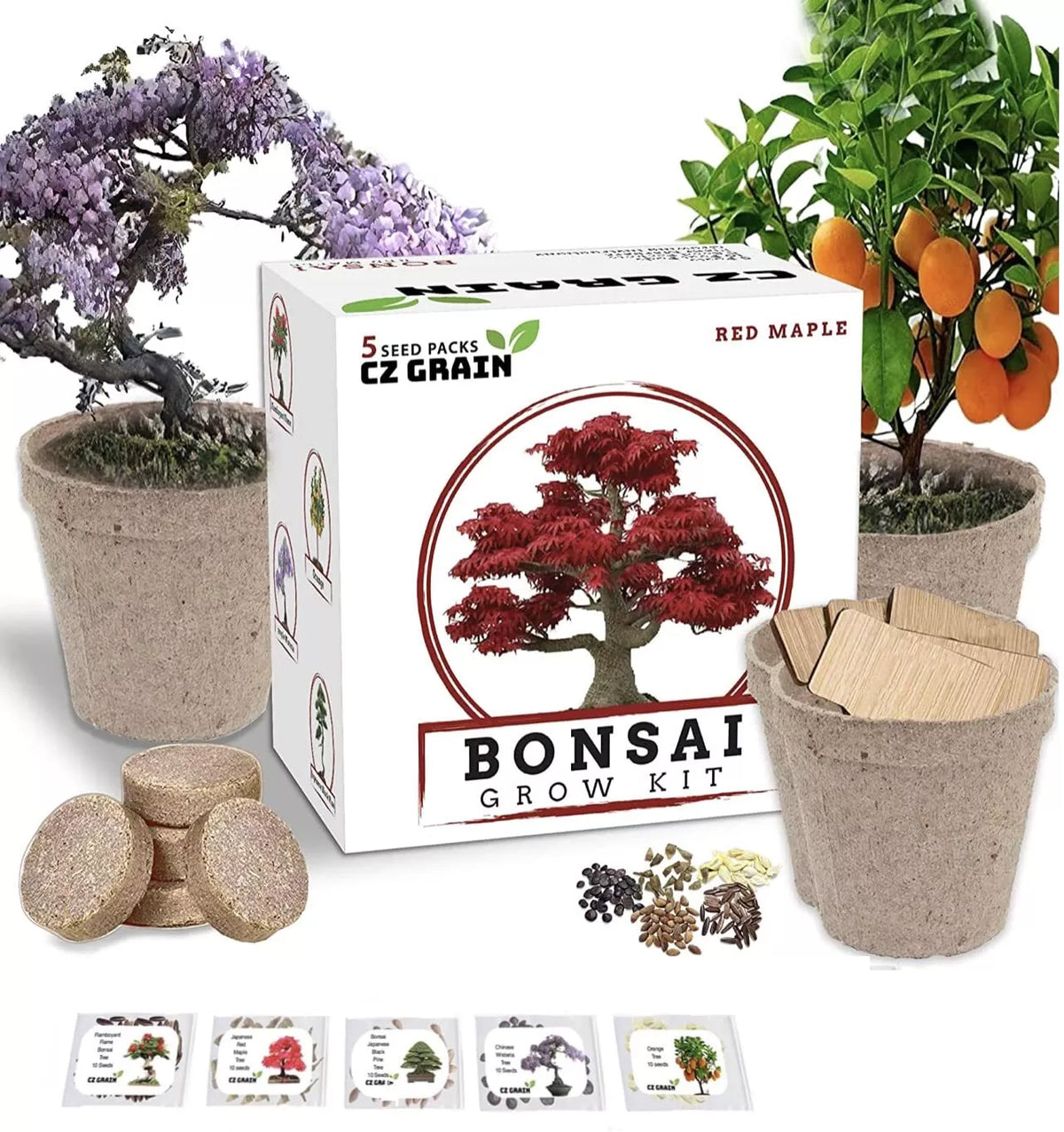 Bonsai Tree Kit - Grow 5 Species All-in-One Plant Kit with Ficus, Juniper, Pine, Maple, Elm for Indoor & Outdoor Cultivation