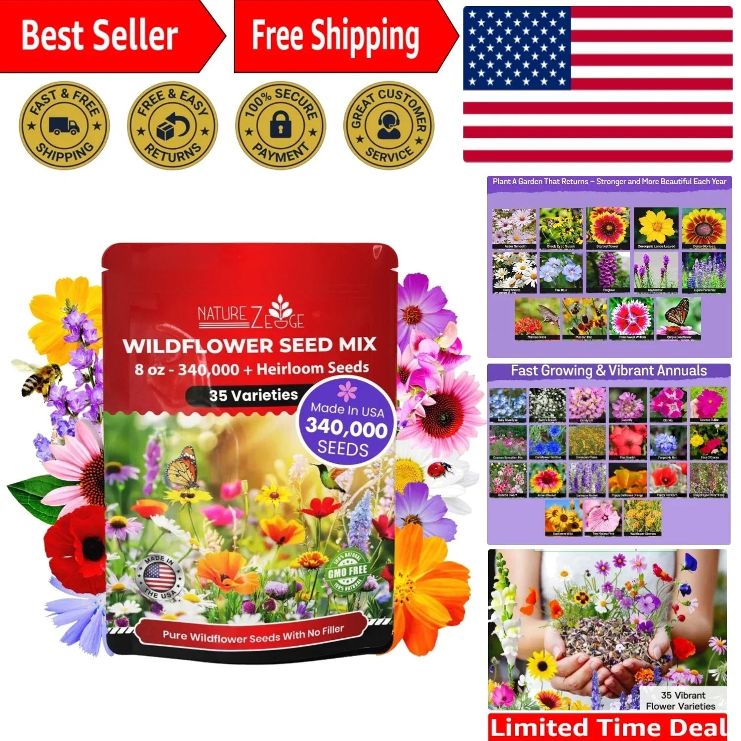 Spring Blooming Wildflower Seed Mix - 1/2 lb Non-GMO Seeds for Pollinator Gardens and Naturalized Landscapes